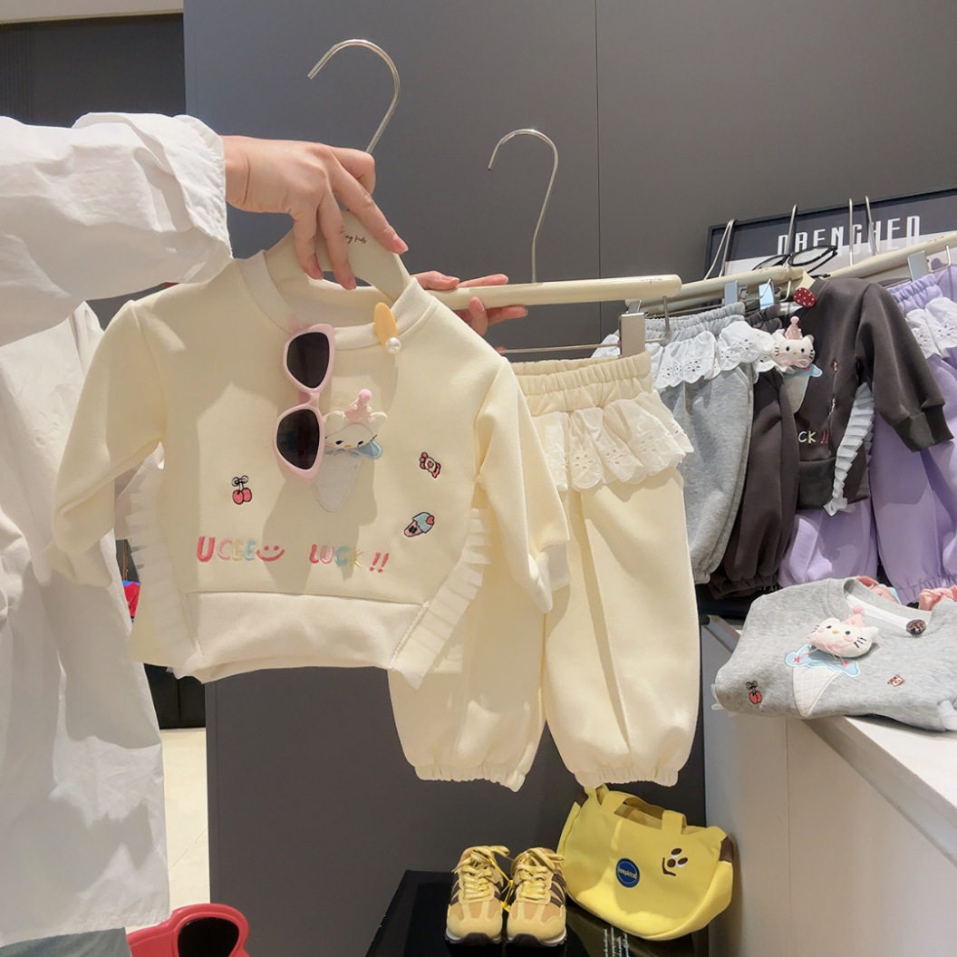 Girls' Two-Piece Casual Set, Baby Girl Korean Style Pullover with Lace & Cat Doll, Separated Fake Skirt Hem Outfit