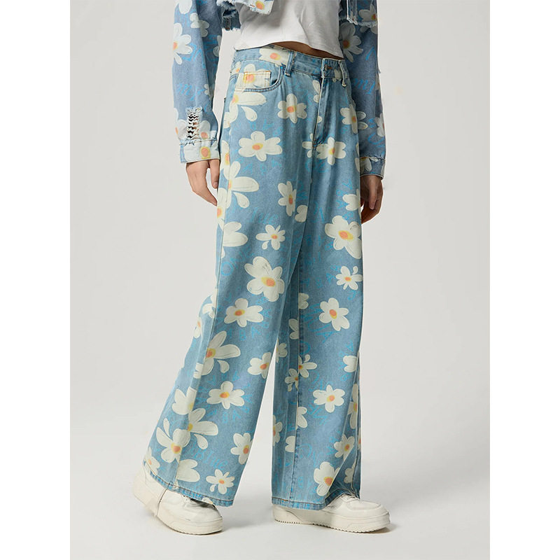 Womens Vintage Floral Print Straight Leg Jeans High Quality Denim Casual Wear Wholesale Available