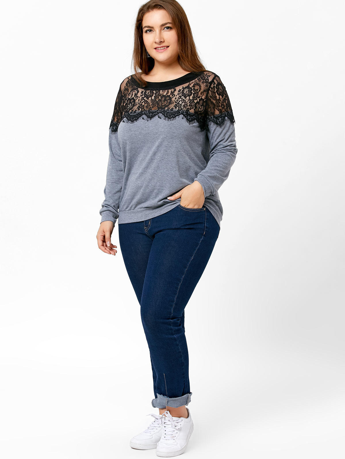 Plus Size Long Sleeve Lace Panel T Shirt Round Neck Stylish Design Comfortable Fabric Casual Wear Wholesale