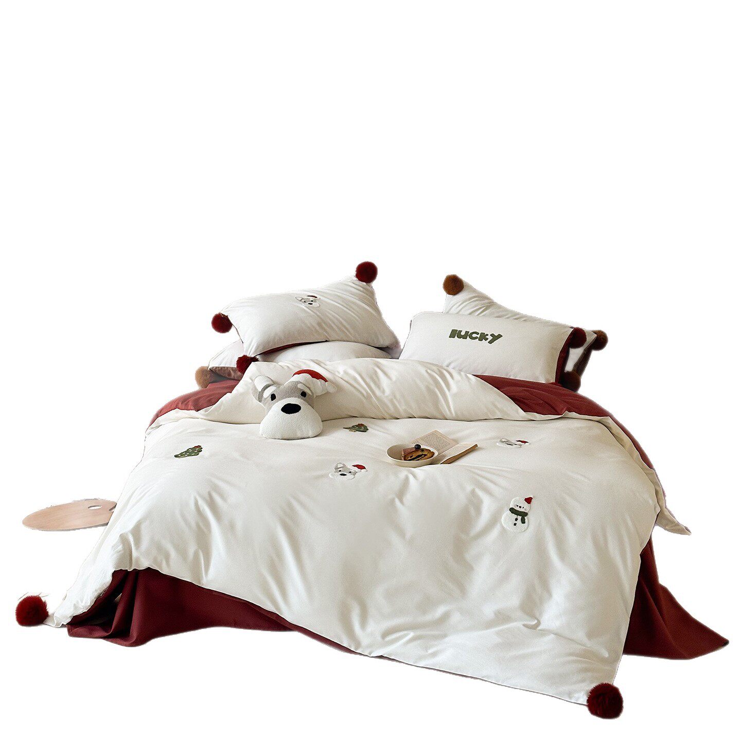 100-Count Pure Cotton Brushed Cute Towel Embroidered Four-Piece Set Cartoon Small Fur Ball Pure Cotton Bed Bed Sheets 1.8 Quilt Cover Three-Piece Set