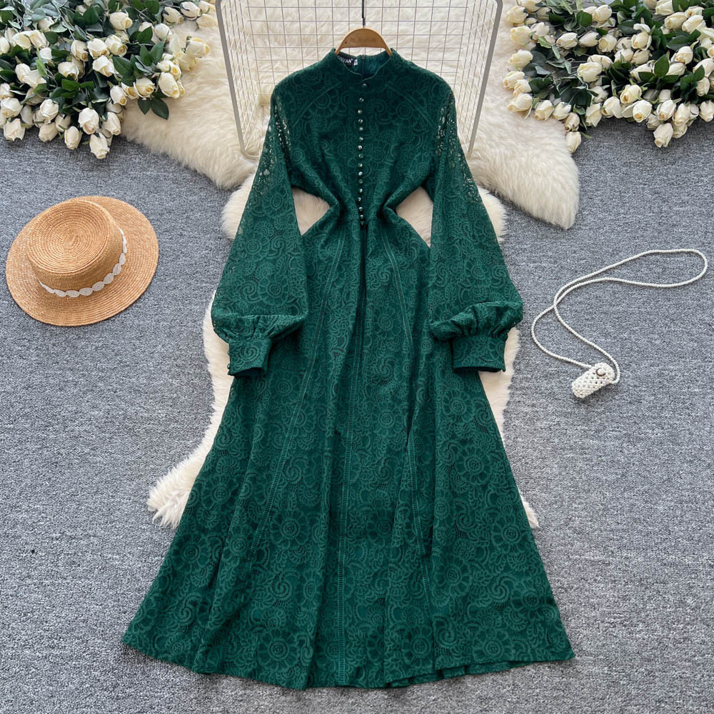 French Court Style Dress Elegant Lace Slim Fit Single Breasted Long Sleeve Autumn Fashion for Women Wholesale