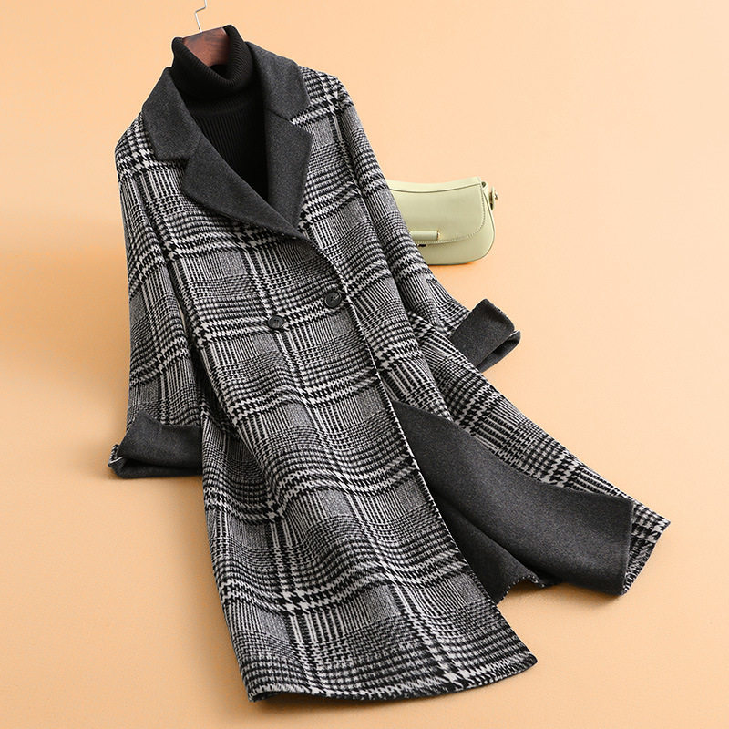 Áo Khoác Dạ Nữ Họa Tiết Houndstooth Dáng Rộng Thu Đông Màu Đen, Trắng, Nâu, Xám