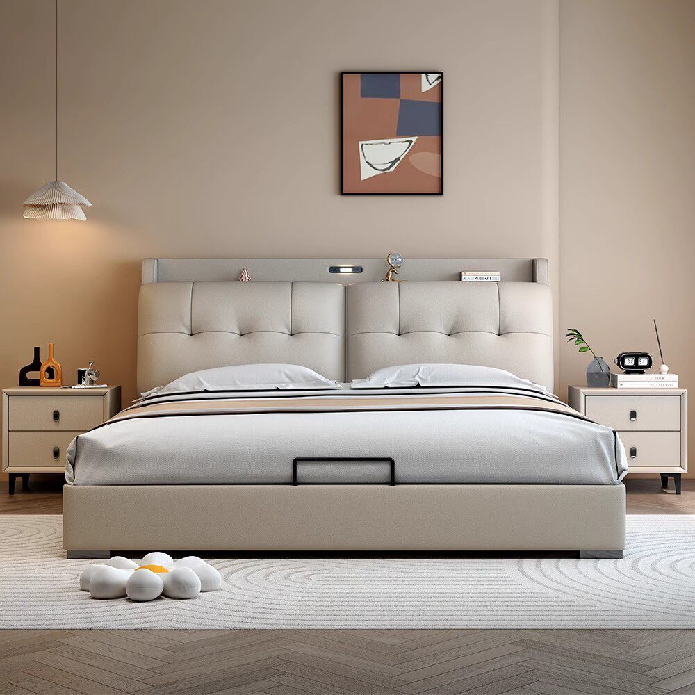 Italian Minimalist Leather Bed 1.8 m Master Bedroom Queen Bed Double Bed 1.5 m Functional Storage Solid Wood Soft Bed Wedding