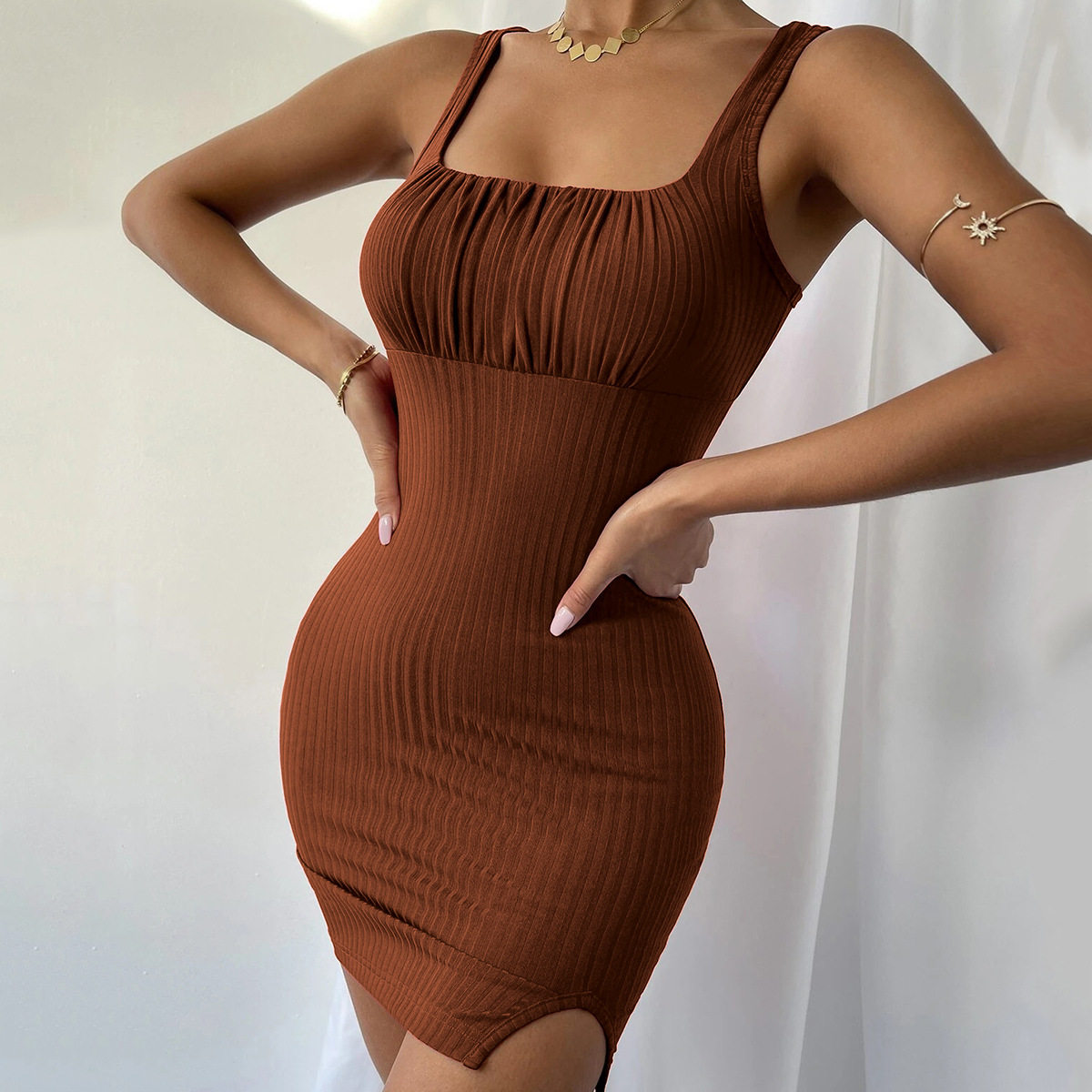Womens Knitted Bodycon Dress Sexy Split Design Slim Fit Spaghetti Straps Spring Summer Fashion Wholesale Available