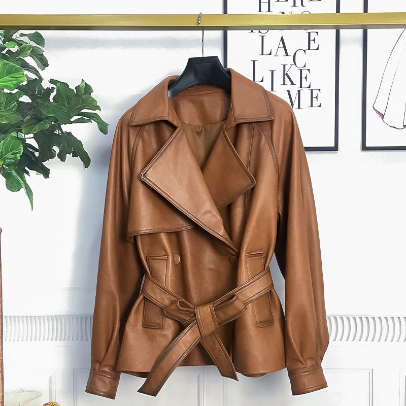 Áo khoác da nữ ngắn dáng bó eo cổ vest — Màu đen, Màu đỏ hoa hồng, Màu nâu