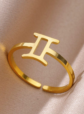 简约新款不锈钢12星座十二星座符号戒指生辰石戒指开口戒尾戒套装