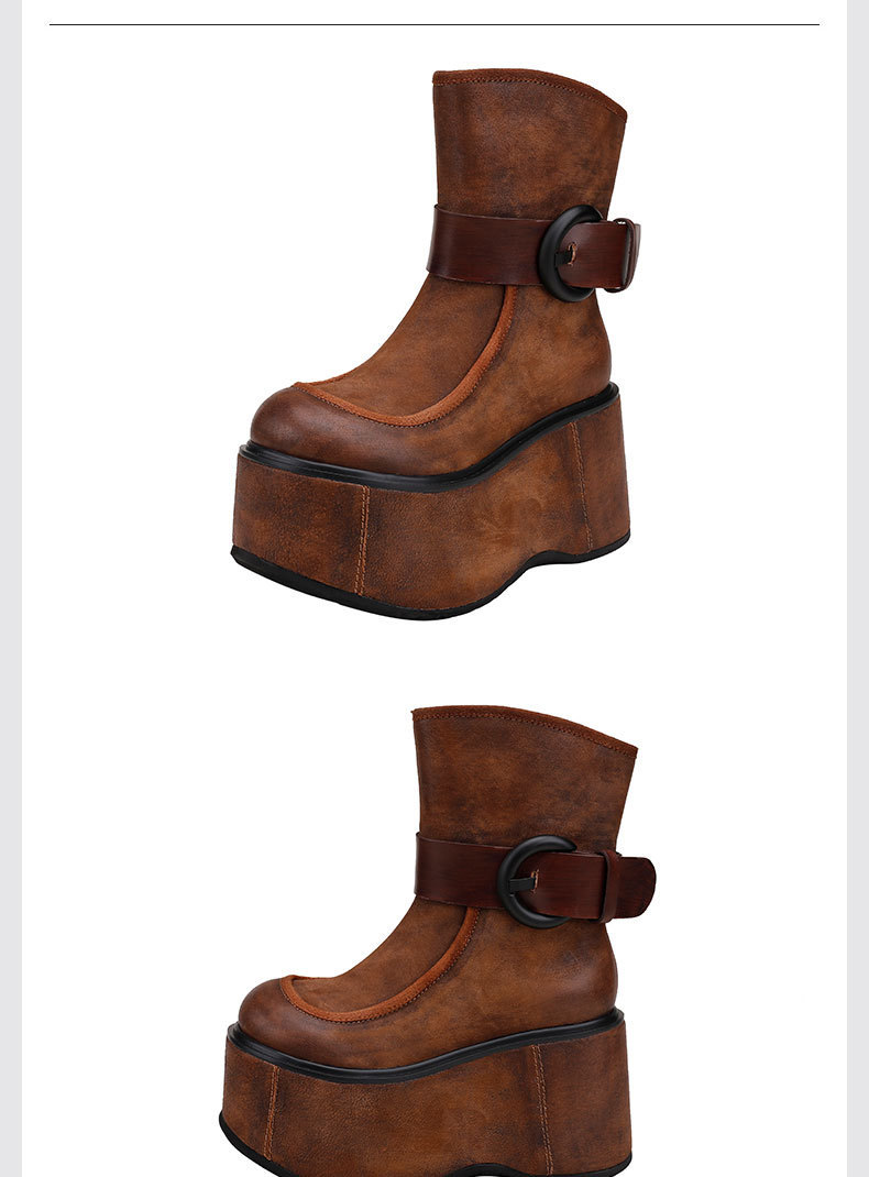 Boot nữ cổ trung da bò thật phối màu đế dày khóa kéo bên — Màu cà phê, Màu đen