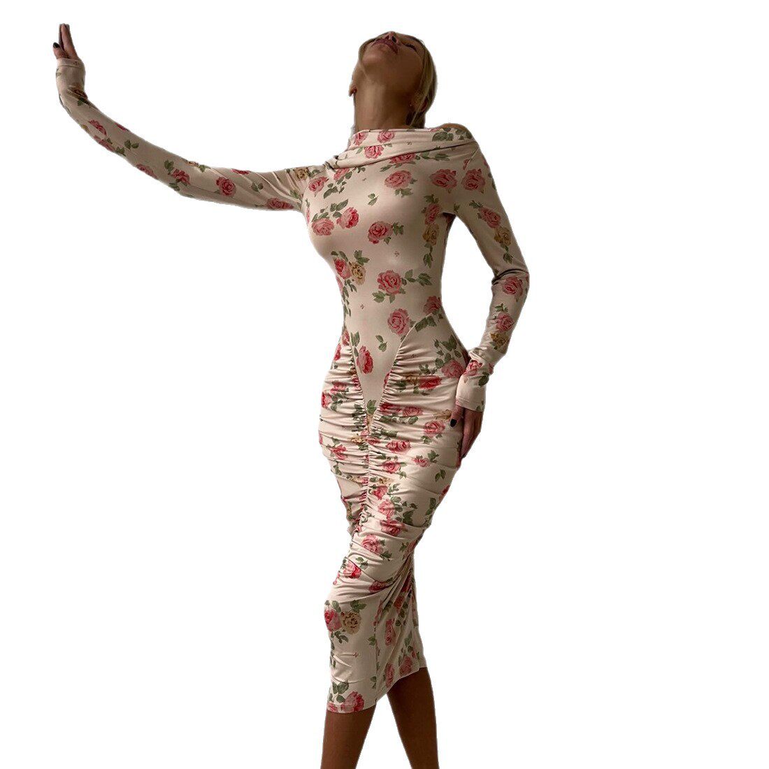 Fashionable Long Sleeve Bodycon Dress Unique Print Ruffled Design Sexy Silhouette Autumn Winter Collection