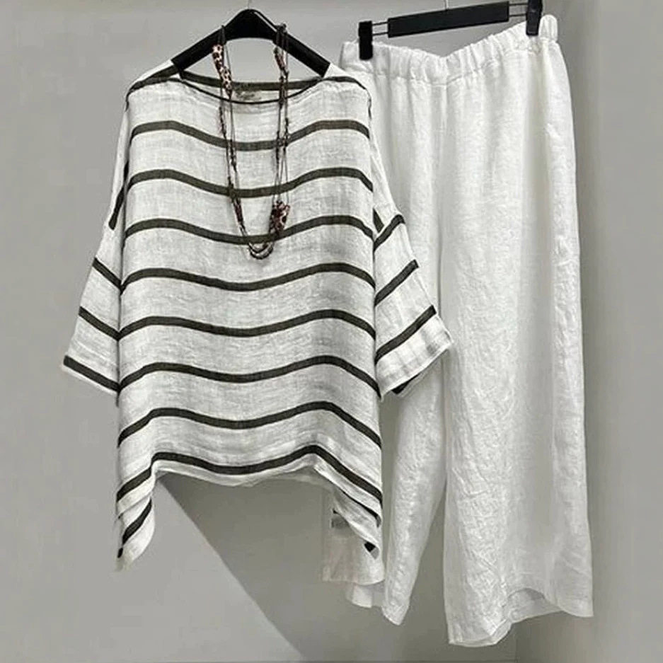 Womens Striped T Shirt and Long Pants Set Casual Style Round Neck Short Sleeve Spring Summer Collection Wholesale