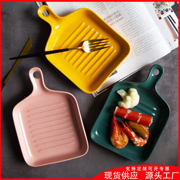 Japanese Style Good-looking Bakeware Household Ceramic Steak Plate Creative Nordic ins Tableware Oven Dinner Plate with Handle