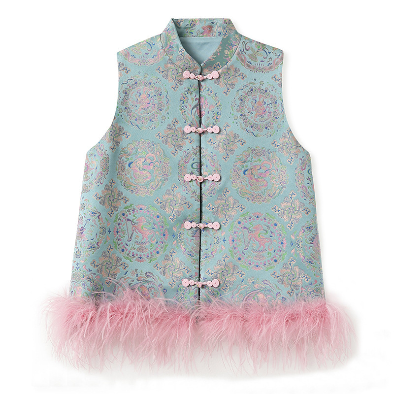 Áo gile nữ dáng vest chất liệu vải jacquard satin, có thể tháo lông — màu xanh