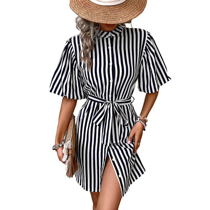 Casual Striped Shirt Dress Ruffle Sleeve Stand Collar European and American Style Perfect for Spring and Summer