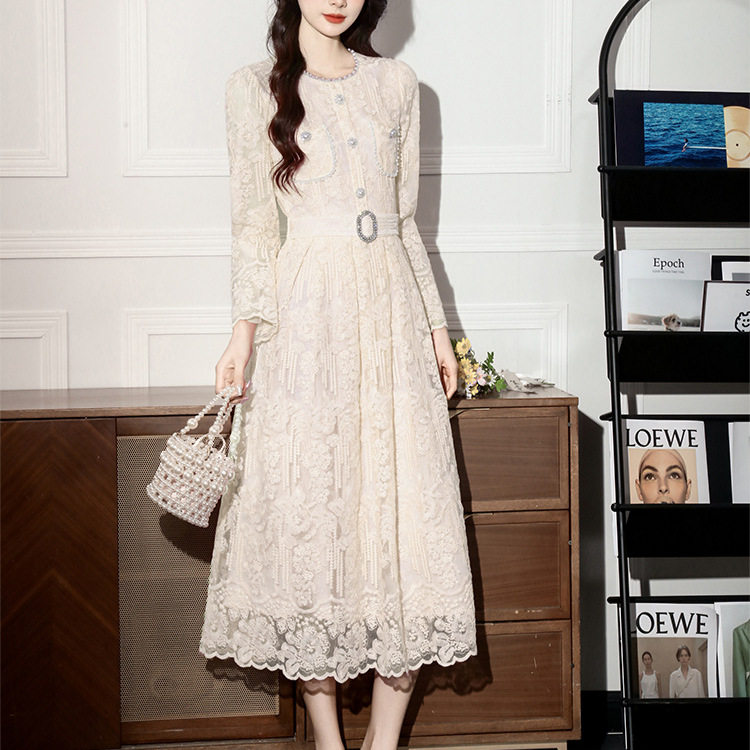 Lace Long Sleeve Dress Pearl Embellished French Chic Elegant Style Perfect for Parties and Special Occasions