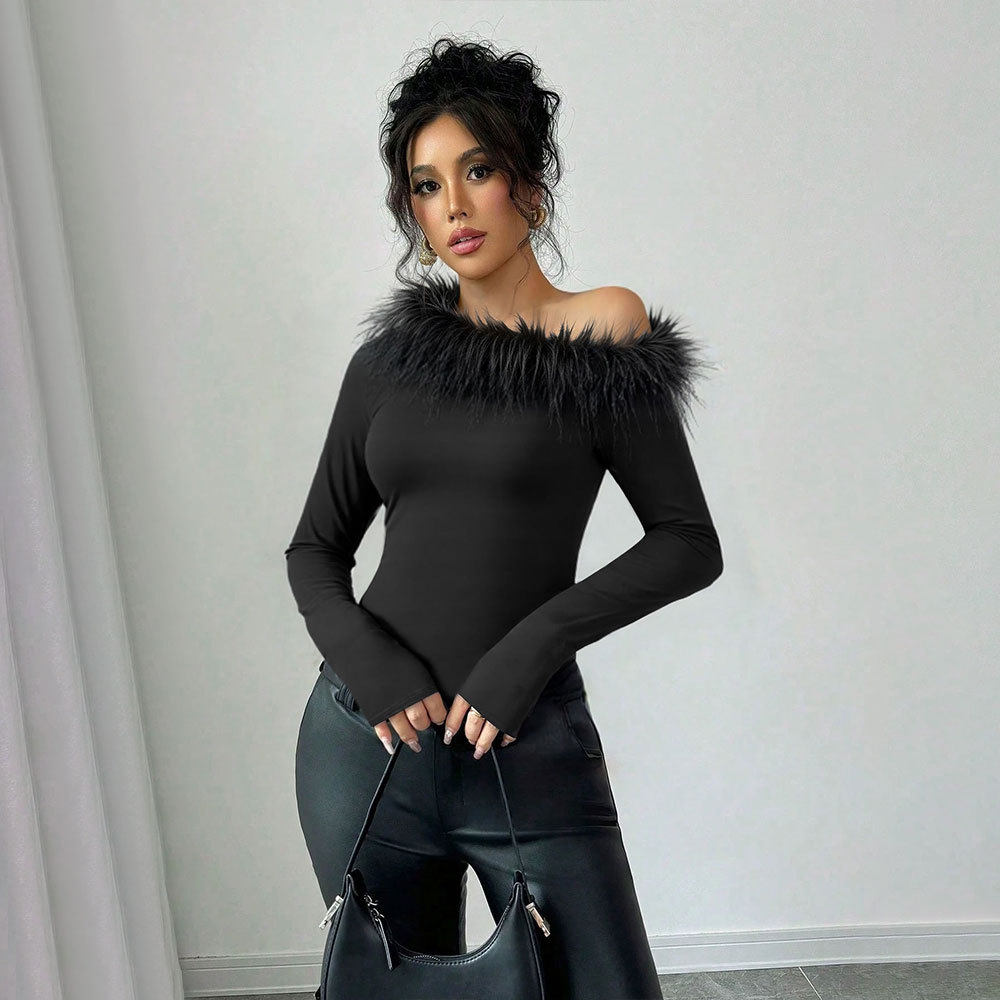 Feather Trimmed Asymmetrical Hem Long Sleeve Top Unique Design Slim Fit Spring Summer Style Wholesale Available