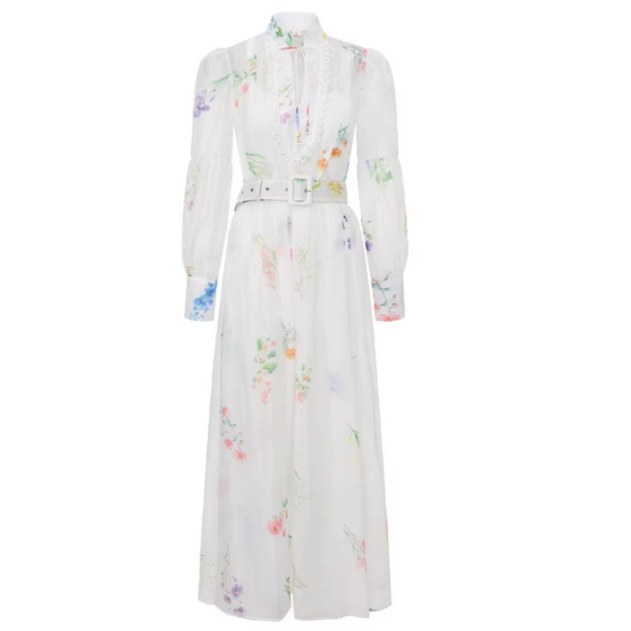 Chiffon Floral Dress Lightweight Sweet Lace Lantern Sleeves Waist Tie Flared Skirt Autumn Fashion Wholesale