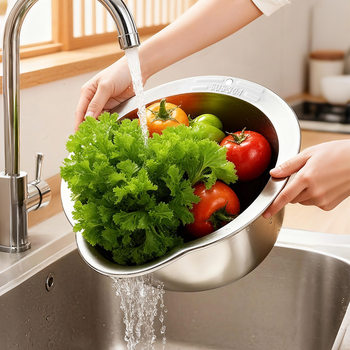 New Stainless Steel Vegetable Washing Basket with Water Filter, Fruit Washing Basket, Rice Washing Tool, Kitchen Draining Basin