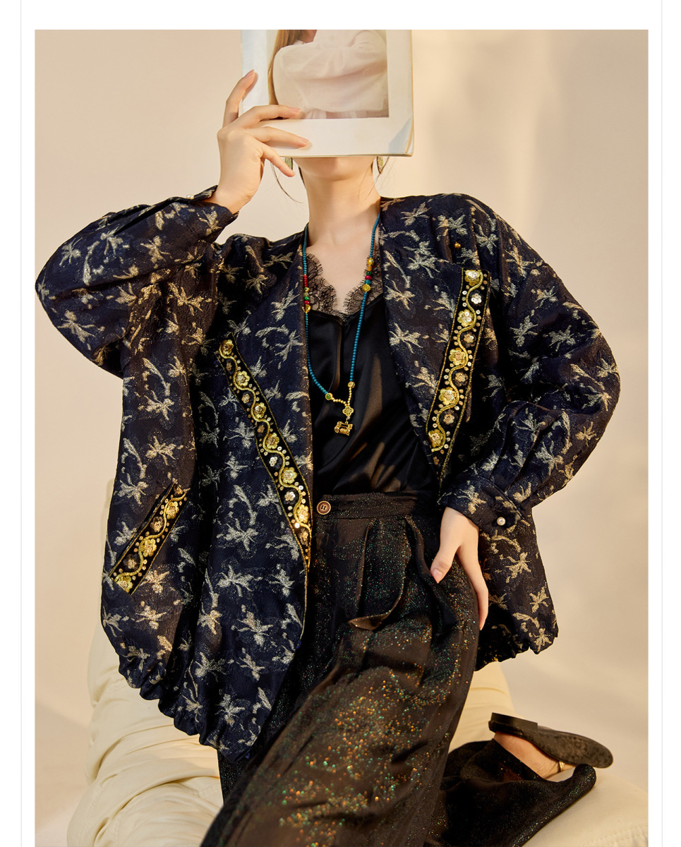 Áo khoác cardigan dệt kim thêu họa tiết hình học dáng ngắn tay dài — Màu trắng nhạt, Màu xanh hải quân