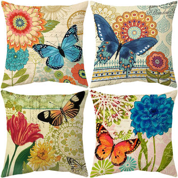 Cross-Border Hot Selling Amazon Spring and Summer Retro Butterfly Flower Series Home Plush Linen Pillow Cushion Pillowcase