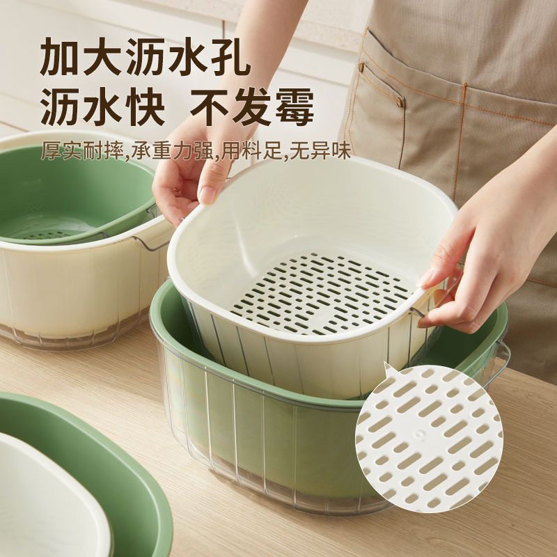 New Double-Layer Vegetable Washing and Draining Basket Living Room Plastic Fruit and Vegetable Thickened Water Filter Vegetable Basket Basin Home Kitchen