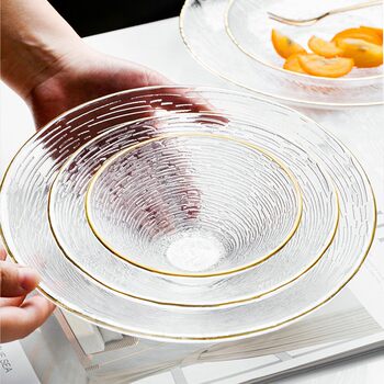 Japanese style golden edge horizontal pattern glass bowl plate suit creative fruit salad transparent bowl plate tableware Western plate dream plate