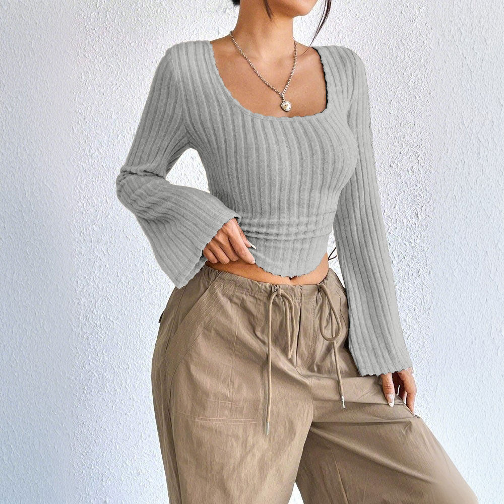 Fashionable Elegant Womens T Shirt Square Neck Flared Long Sleeves Spring Summer Style Wholesale Available