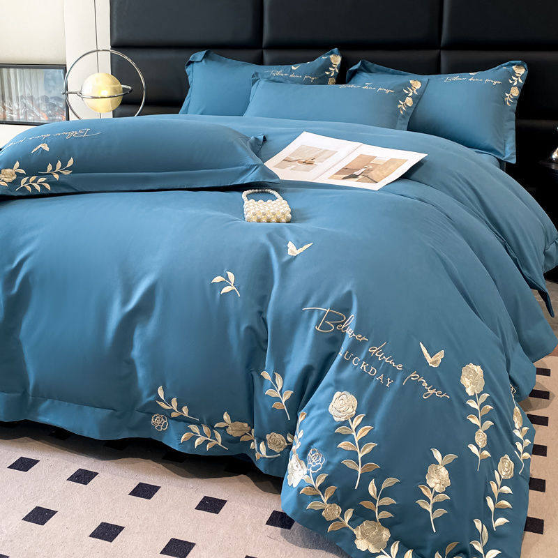 Light Luxury Style Washed Cotton Four-Piece Set, Simple Quilt Cover, Naked Sleeping Bed Sheetss, Three-Piece Set, Skin-Friendly Cotton Embroidered Bedding