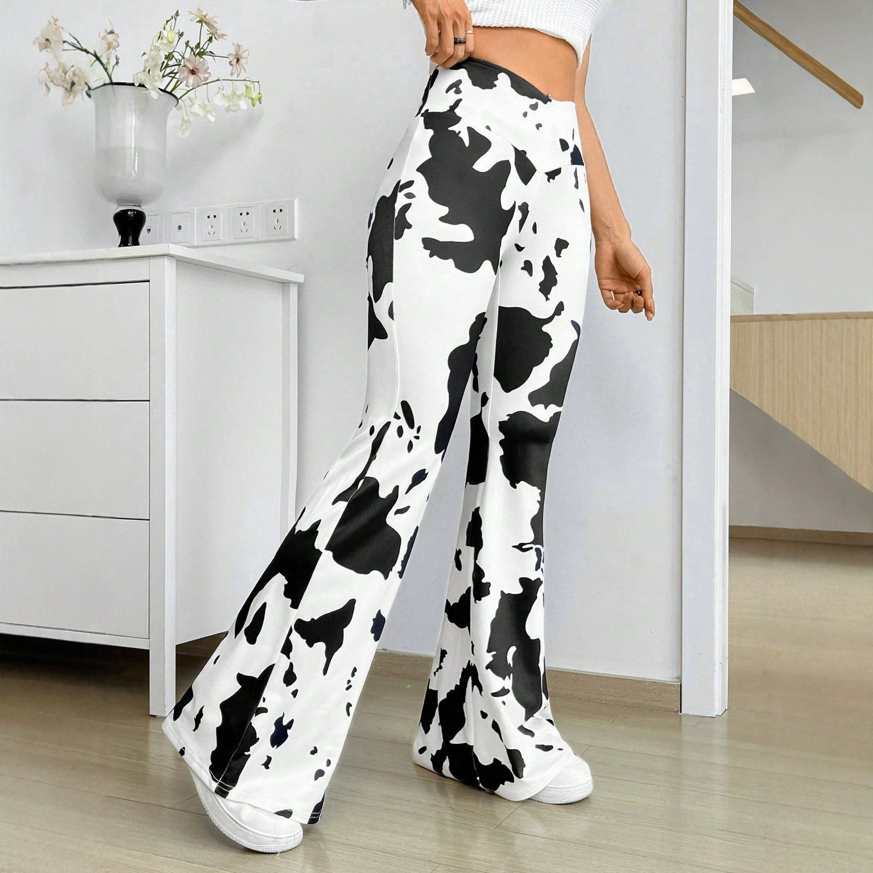 Cow Print High Waisted Flare Pants Stretchy Fabric Versatile Style Trendy Design Ready to Ship