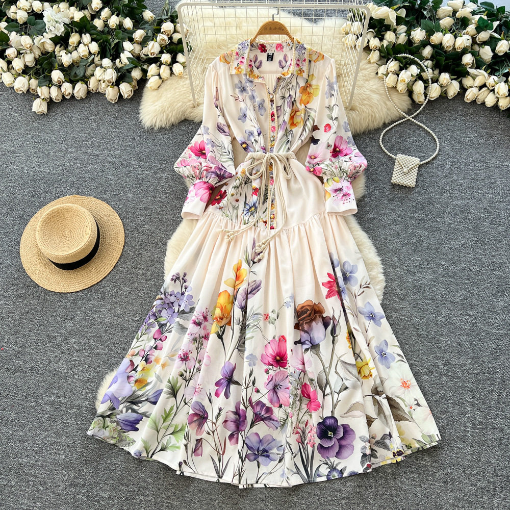French Vintage Elegant Printed Maxi Dress for Women Autumn Collection Corset Tie Button Closure Flared Skirt