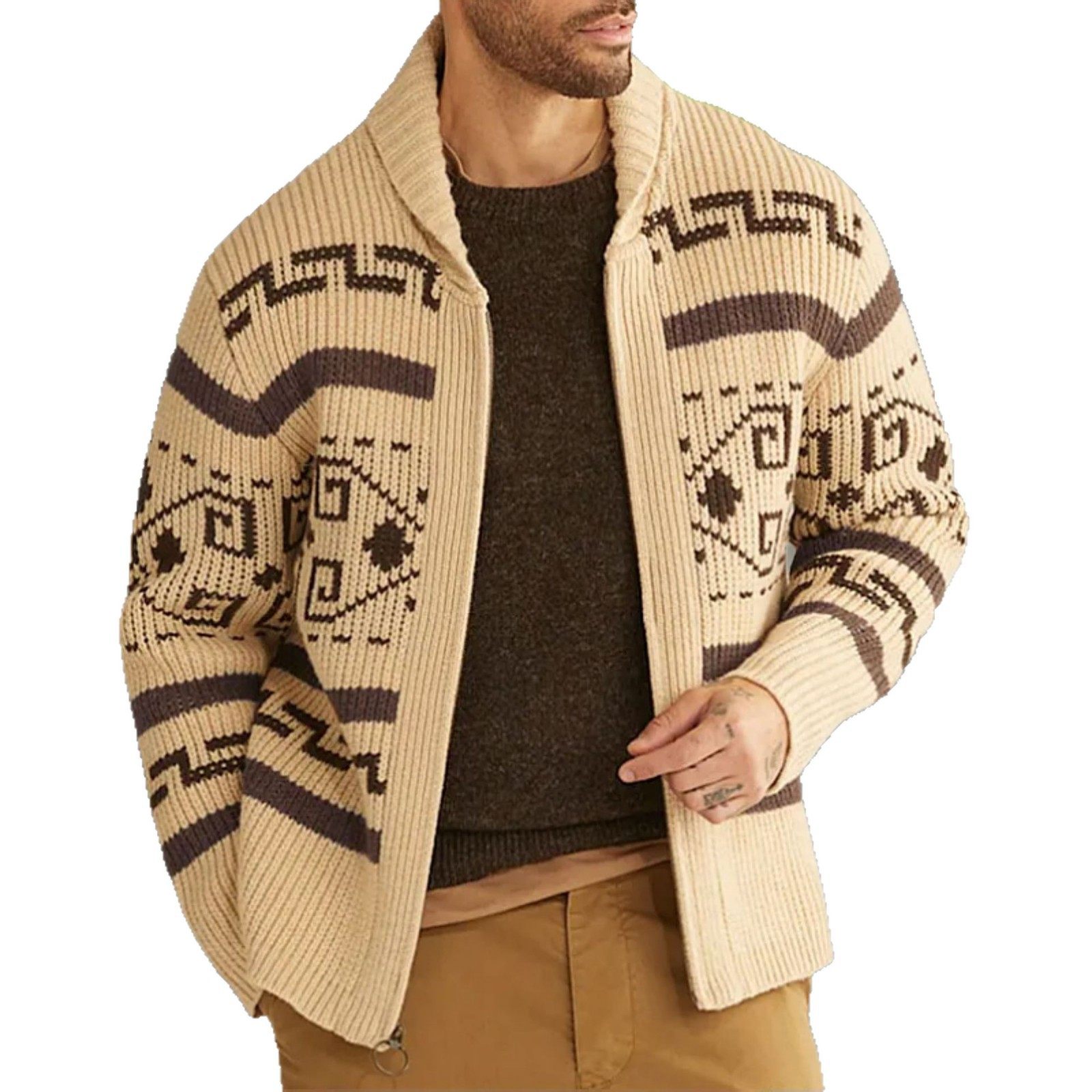 秋冬新款男装 时尚翻领休闲开衫外套 长袖修身提花针织毛衣SY0013