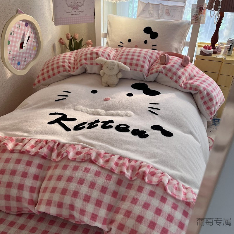 2025 New Towel Embroidered Milk Velvet Lace Four-Piece Set - Little Cat Gege - Dormitory Style J