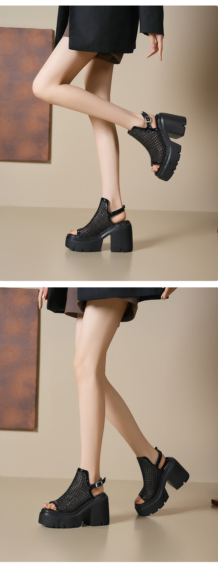 Sandal cao gót nữ hở mũi quai ngang đan chéo, gót siêu cao 9 cm — Đen, Áo khoác sáng, Trắng chi tiết 5