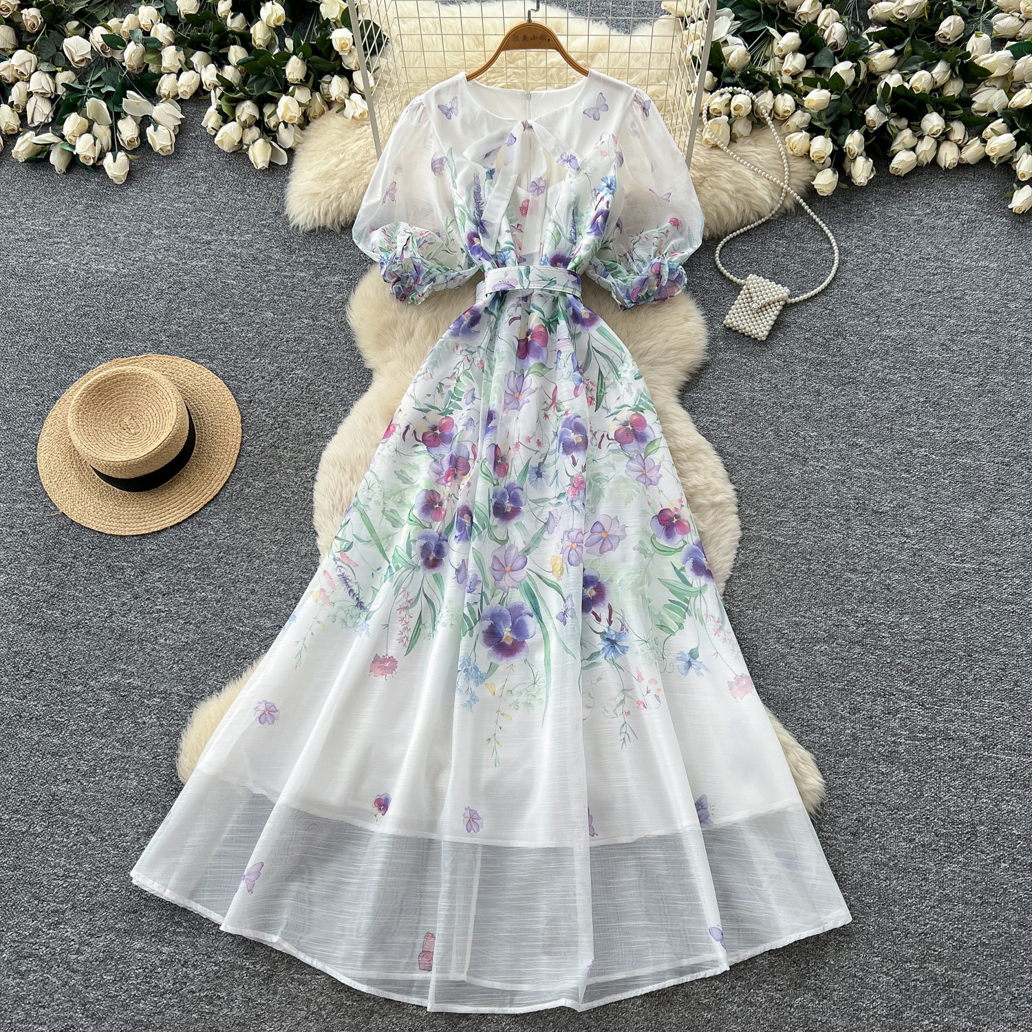 French Romantic Floral Tie Dress Summer V Neck Short Sleeve Waist Defined A Line Elegant Casual Wear Wholesale