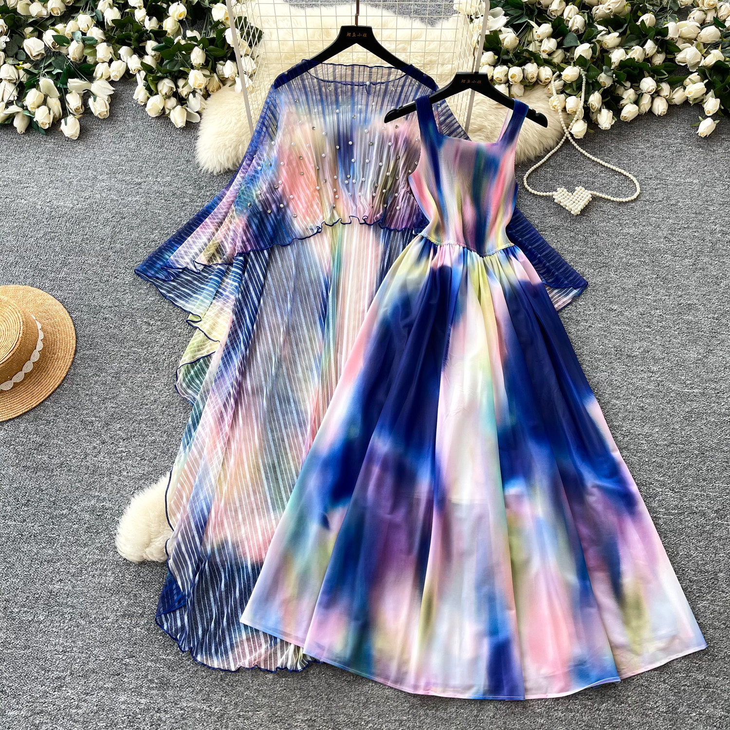 French Style Floral Print Dress Three Quarter Sleeve Waist Defining Slim Fit Beaded Details Summer Casual or Office
