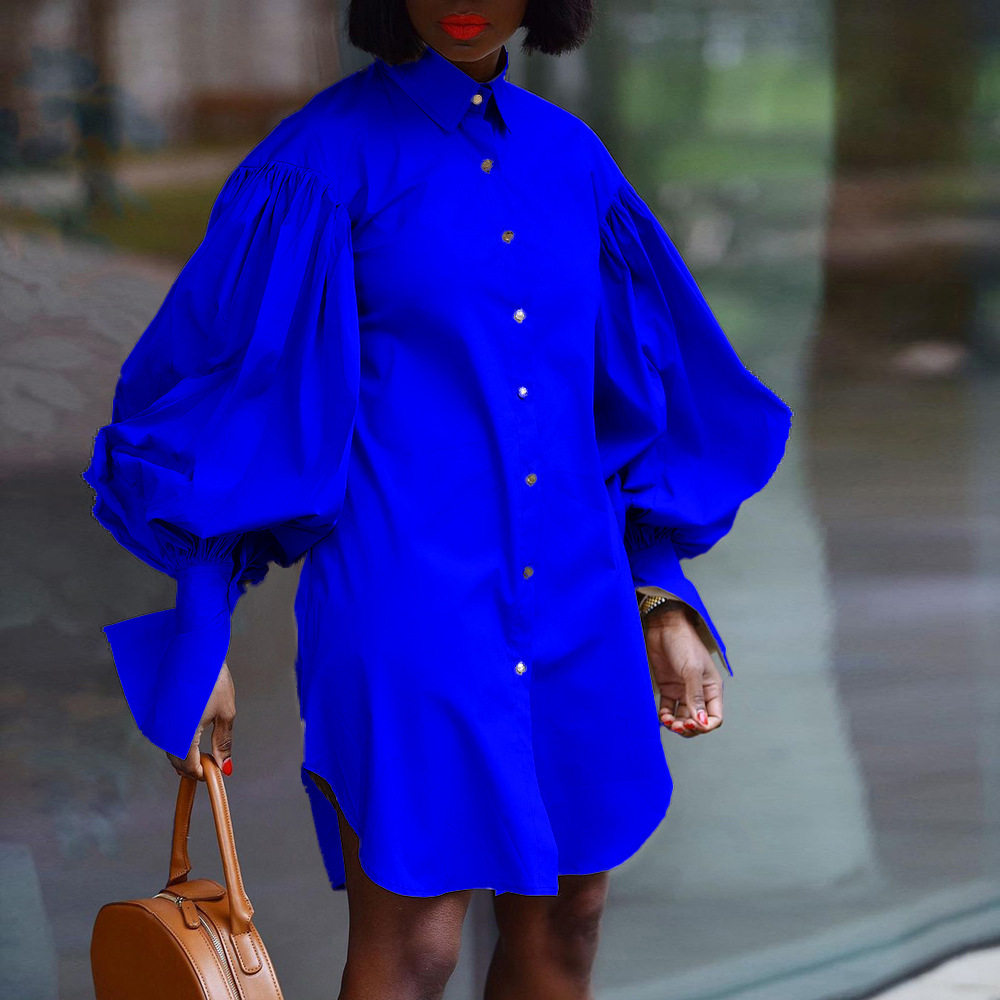 Plus Size Womens Casual Long Sleeve Shirt Dress Loose Fit Solid Color Puff Sleeves Everyday Wear Wholesale