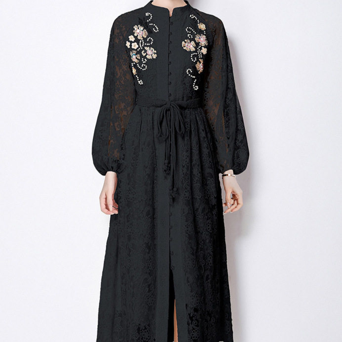 French Vintage Embroidered Dress Beaded Sequined Waist Tie Lantern Sleeves Elegant Autumn Long Dress Wholesale