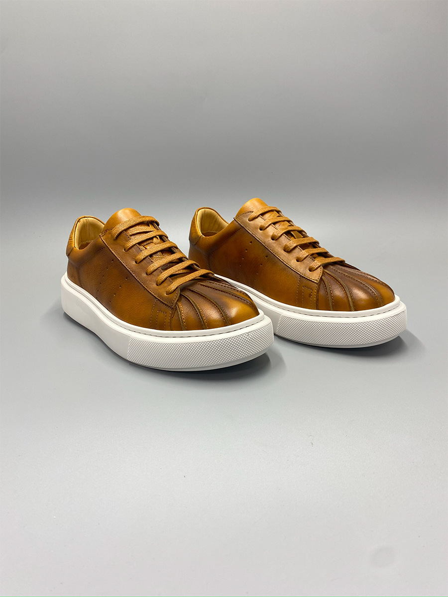 Giày sneaker nam mũi vỏ sò kiểu retro, da thật đánh bóng thủ công — Màu nâu, Màu đen, Màu cà phê