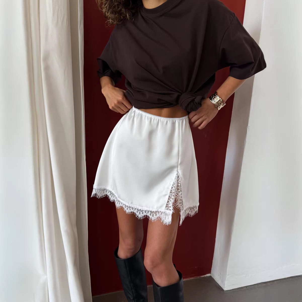 Satin and Lace Mini Skirt Y2K Elegant Style Versatile Design Shiny Finish Perfect for Spring Summer Occasions