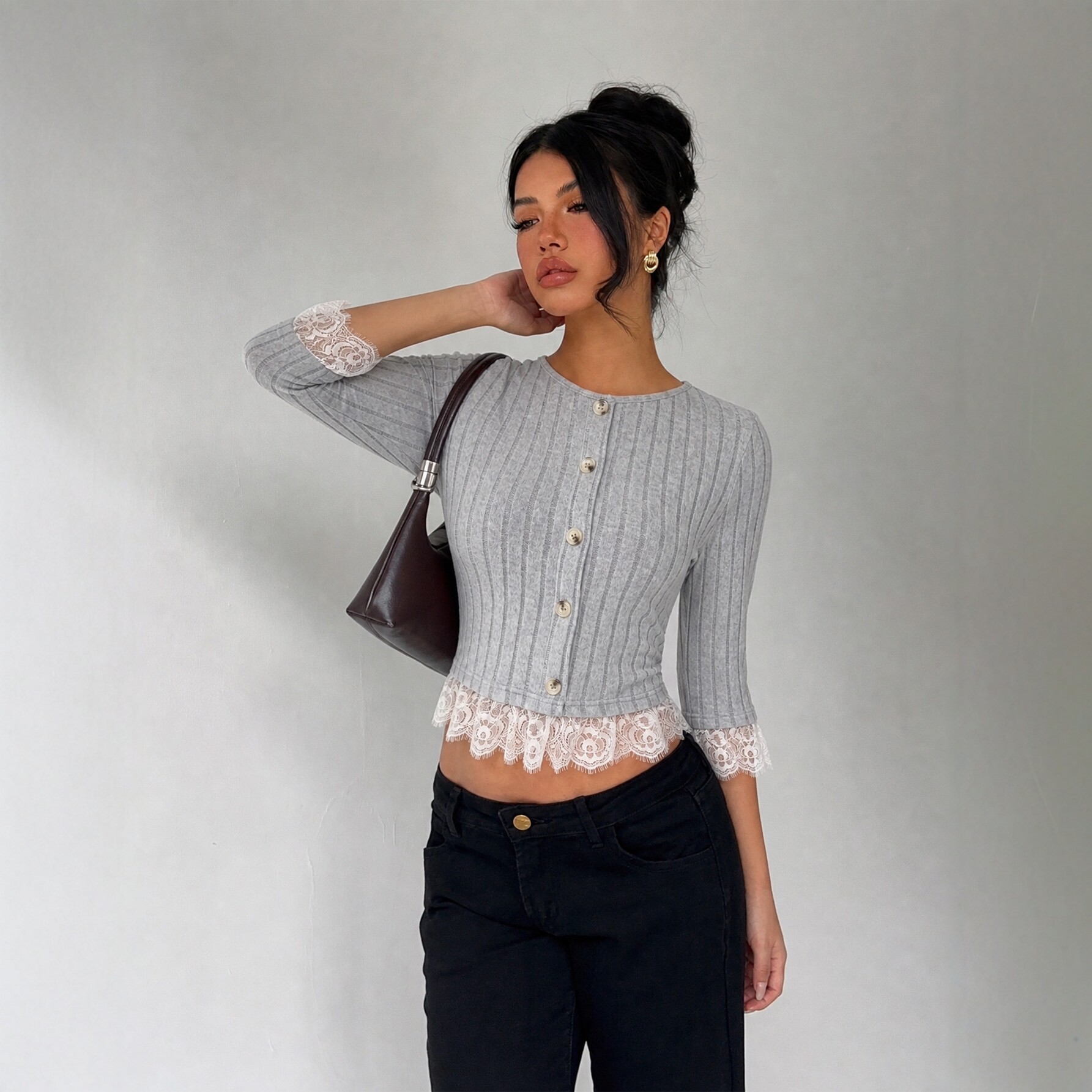 Gray Knit Top for Women Lace Panel Slim Fit Versatile Style Perfect for Casual Wear or Layering Wholesale Available