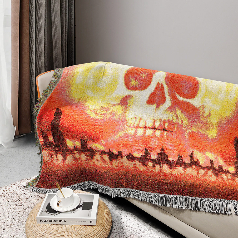 Customized Halloween Skull Tapestry Amazon Home Carpet Mat Cross-Border Jacquard Thread Blanket Background Wall Blanket Wholesale