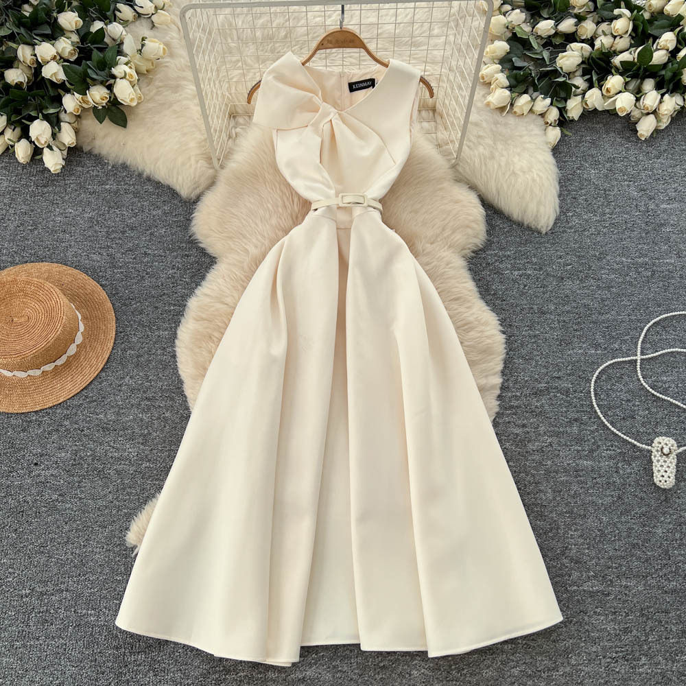 Elegant Womens Dress French Style 3D Bow V Neck Sleeveless Waist Defining Perfect for Formal Occasions
