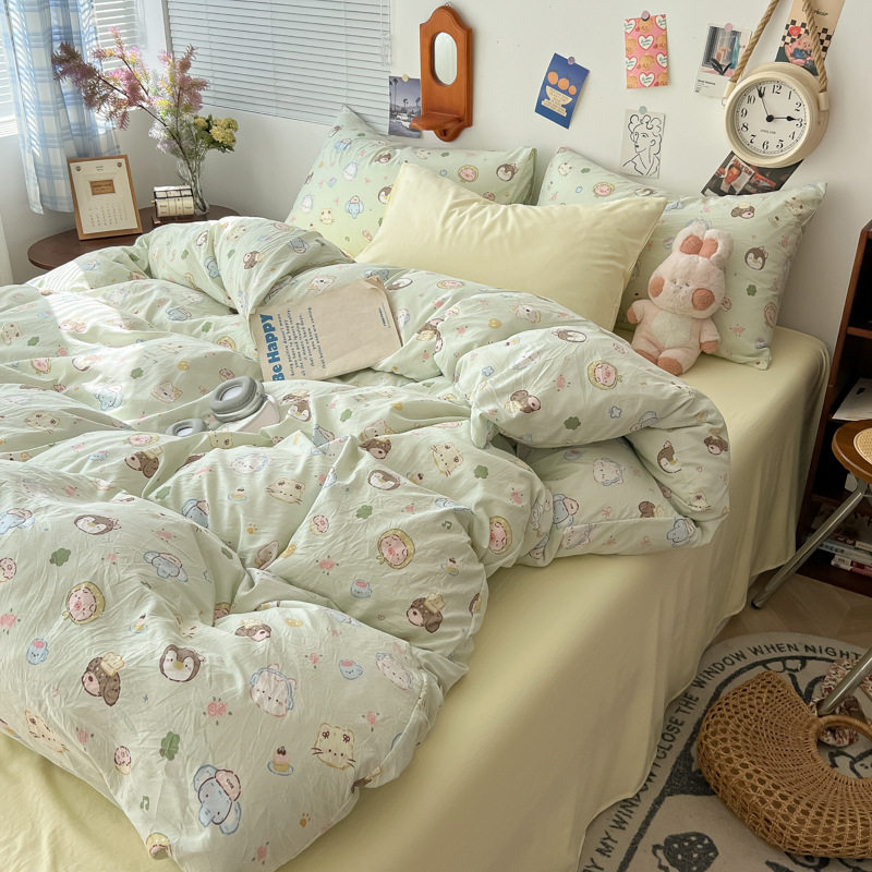 Class a Maternal and Infant-Grade Four-Piece Bedding Set, Ins-Style Pure Washed Cotton Bed Sheet, Duvet Cover, Fitted Sheet, Student Dormitory Three-Piece Set