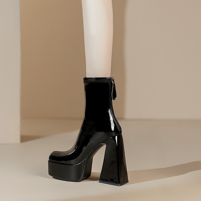 Boot nữ cổ ngắn gót siêu cao 13cm mũi vuông khóa kéo sau — Lớp lót đơn màu đen, Lót đơn màu trắng kem, Lót nhung đen, Lót nhung màu be
