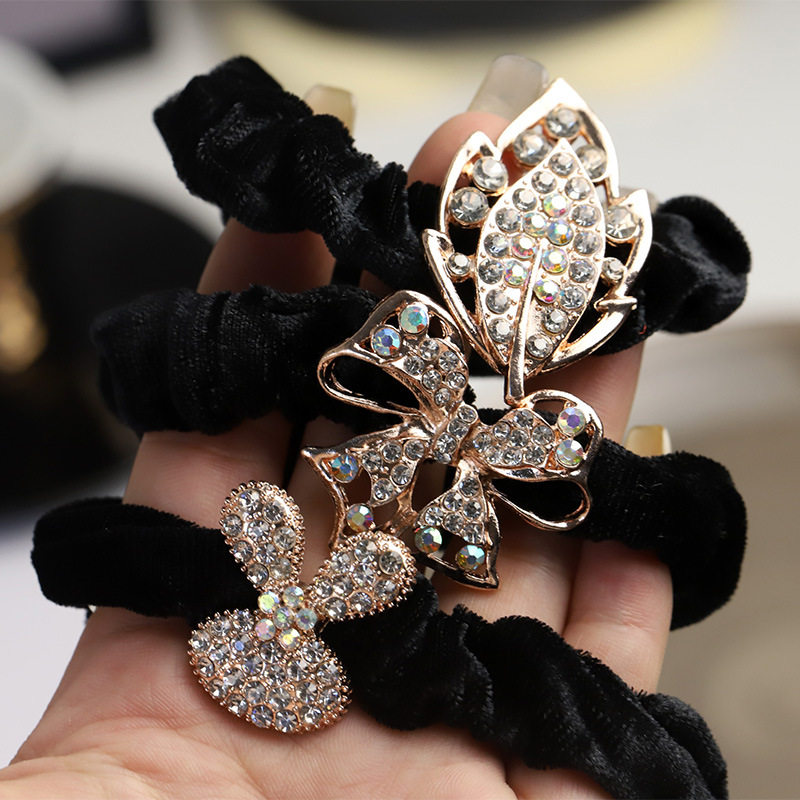 Clearance Sale! Elegant Black Rhinestone Bow Hair Tie, Heart-Shaped Full Rhinestone Hair Ring, Ponytail Bun Hair Tie