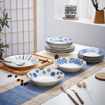 Japanese Tableware Ceramic Plates for Home Use, Japanese-Style Round Plates with Underglaze Colors, Nansheng Series Dishes and Noodle Plates