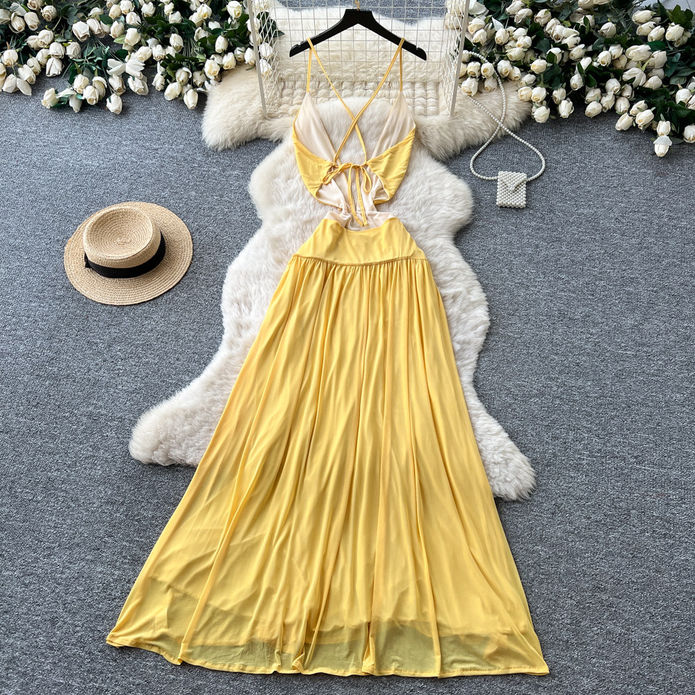 Yellow V Neck Halter Maxi Dress for Women Summer Vacation Style Slim Fit A Line Silhouette Beachwear Wholesale