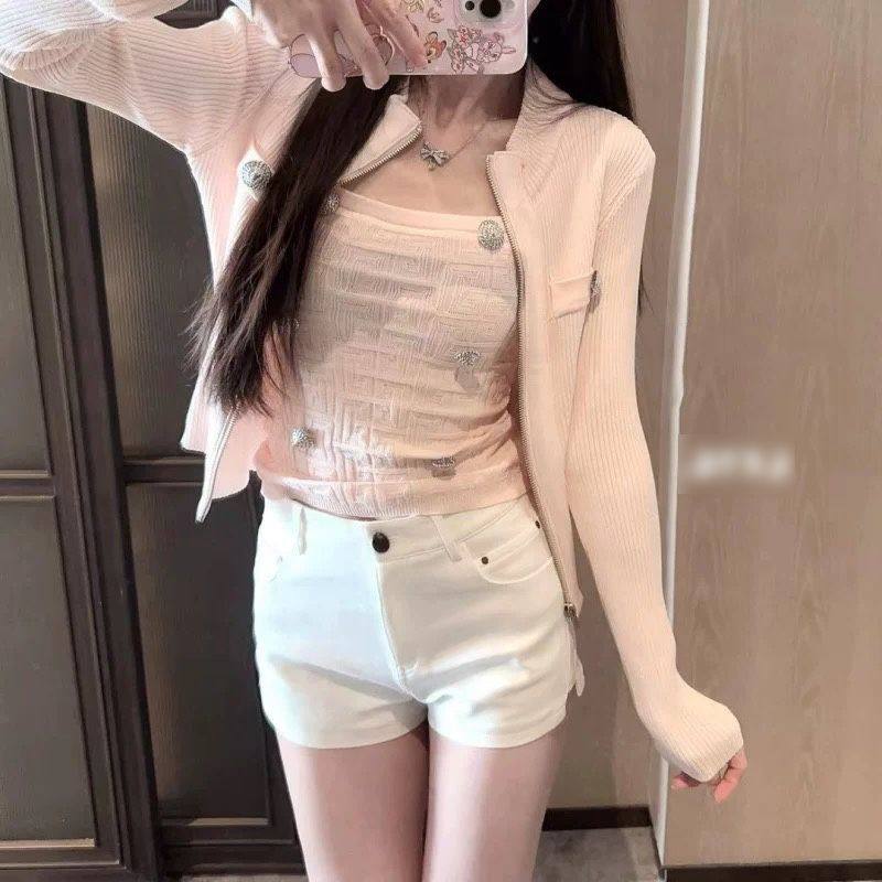 [Set] French Style Fashionable Accessible Luxury Style Gold Button Knitted Suspender Cardigan Slimming Look Two-Piece Set