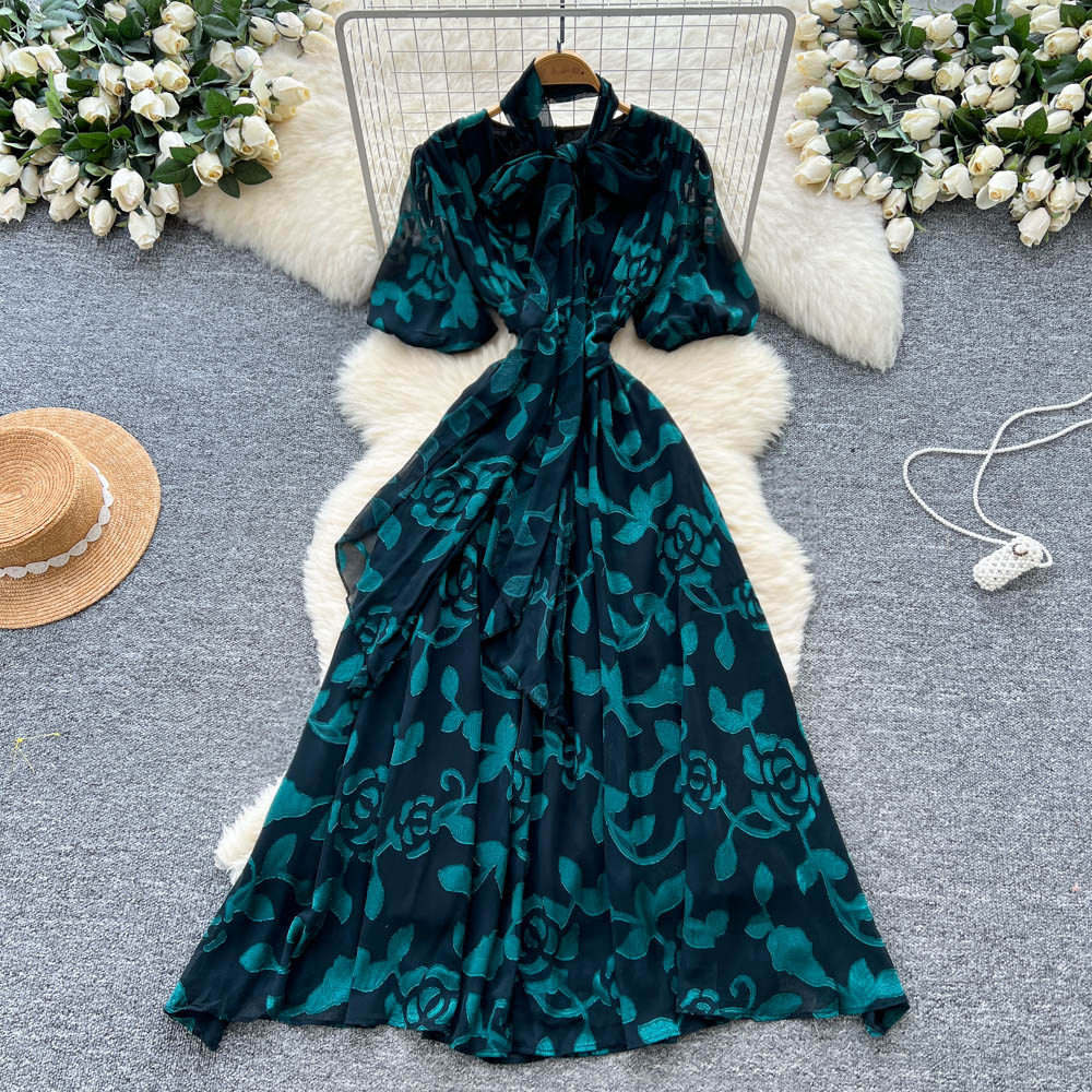 French Style Lantern Sleeve Dress Bow Tie Waist Defined Floral Mesh Elegant and Flowing Perfect for Parties and