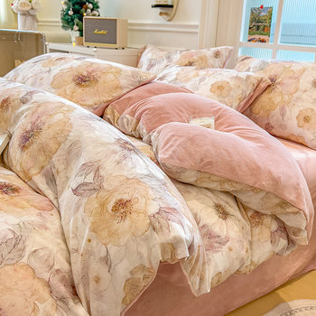 [Cotton + Velvet Double-Sided Warmth] Version a Full Cotton Brushed Version B Milk Velvet Double-Sided Printed Thickened Four-Piece Duvet Cover Set