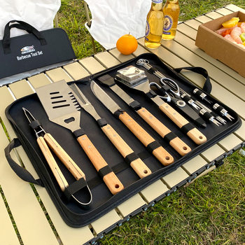 Amazon Cross-Border Best-Selling Outdoor Bbq Stainless Steel Barbecue Tool Combination Set Beech Wood Handle Grill Fork Shovel Clip