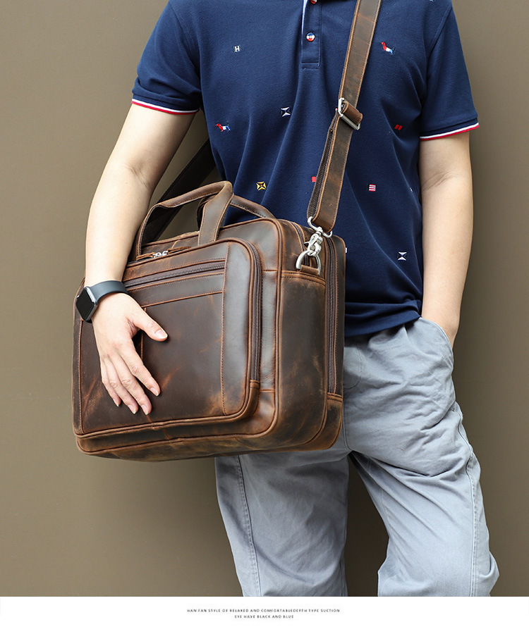 Cặp da thật nam công sở đựng laptop 17 inch dáng briefcase cổ điển — Da sáp dầu màu cà phê, Da Napa màu đen, Da ngựa điên Màu nâu sẫm (YKK), Napa đen (YKK)